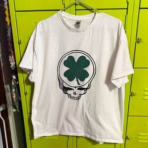 Grateful Dead White Tee with Green Clover Skull Design